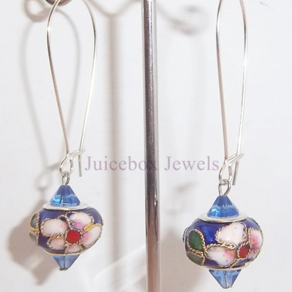 Cloisonne Enamel Royal Blue Floral 2" Earrings